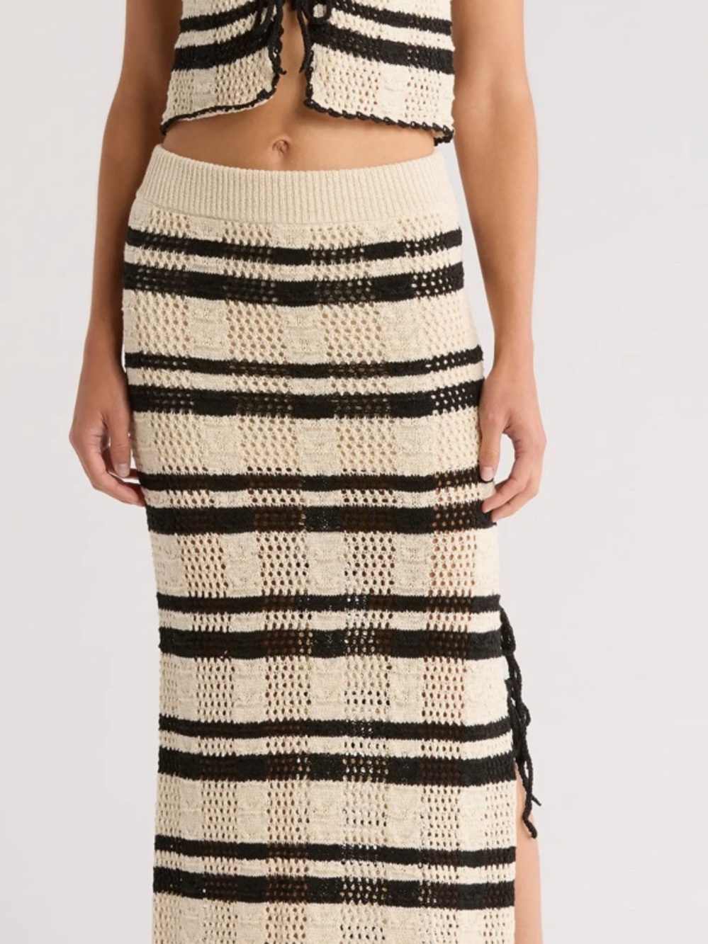 NWT ELAN Coastal Knitted Stripe Crochet Maxi Skirt - Cream & Black w side slit🔥